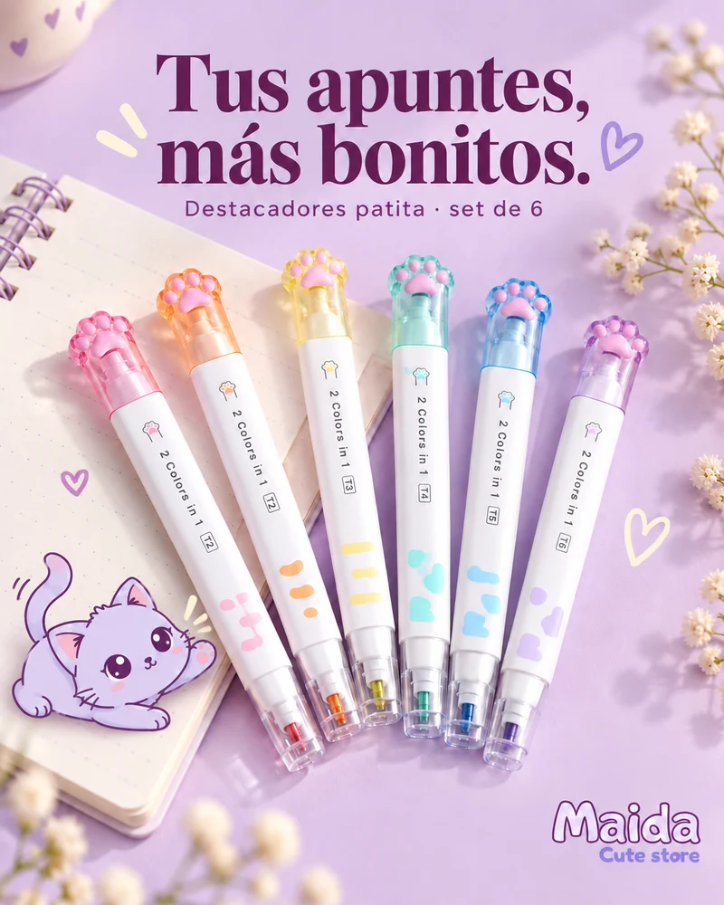 Campaña Maida: seis destacadores con tapas de patitas pastel y nuestro gatito jugando, bajo el texto Tus apuntes, más bonitos.