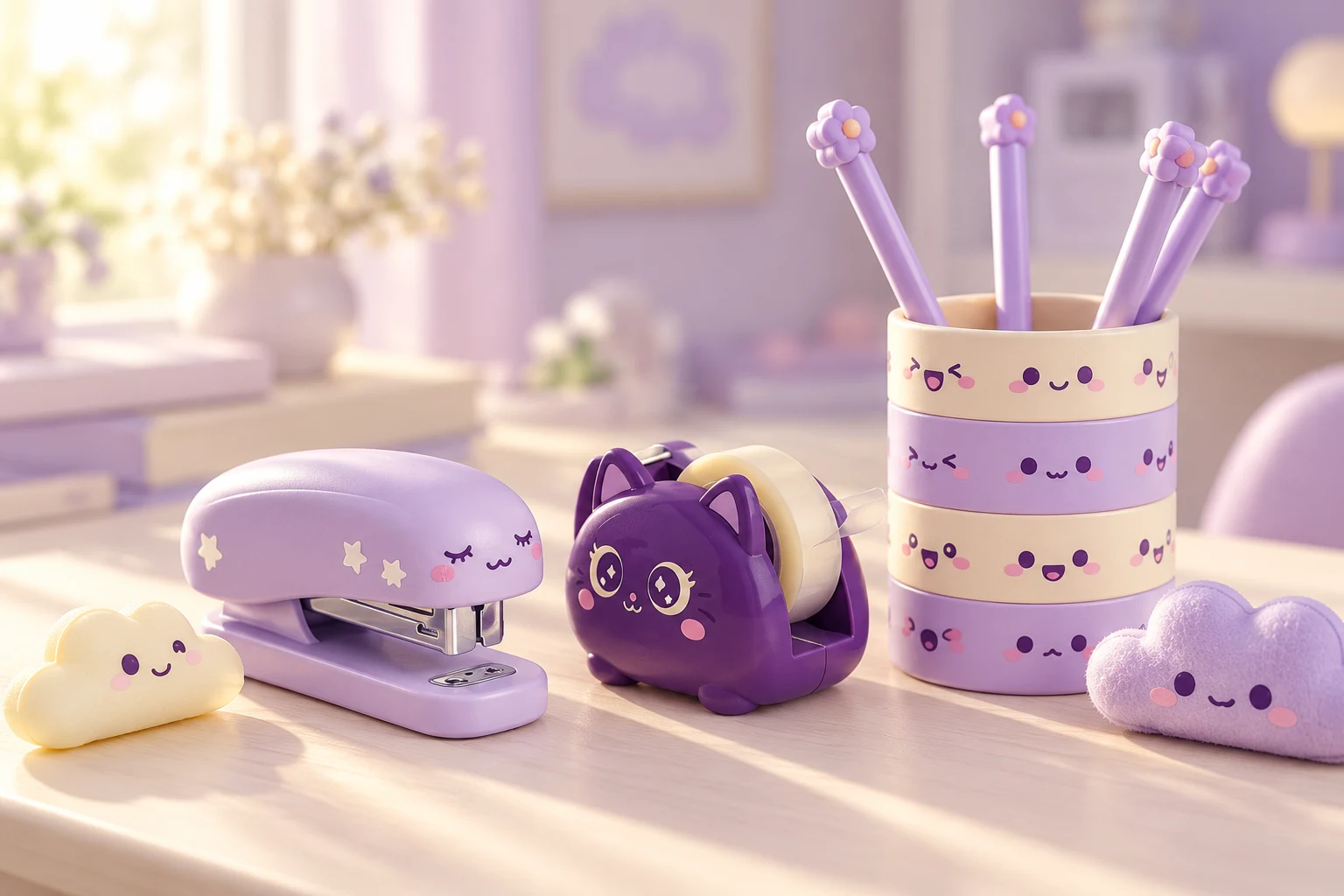 Un escritorio en tonos lavanda con papelería kawaii, un dispensador de cinta de gatito y un portalápices con caritas felices.