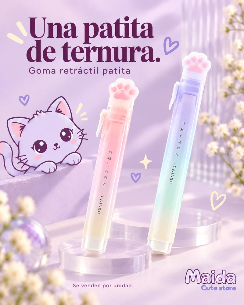 Campaña Maida: gomas retráctiles de patita en tonos rosa y lavanda, con nuestro gatito asomándose.